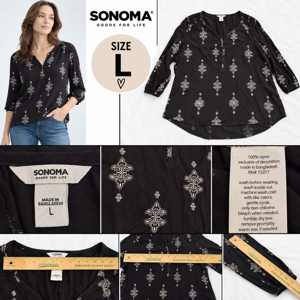 Sonoma Goods For Life Black Embroidered Printed Blouse Size L Boho Top